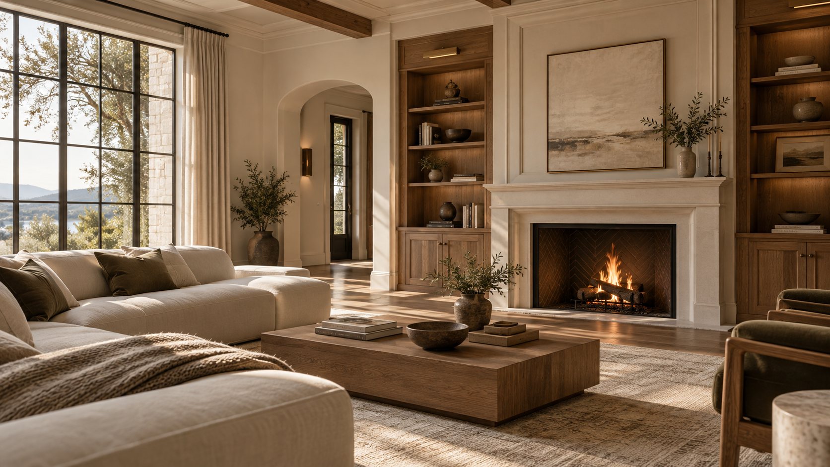 Inspiration image: a sunlit living room with oak built-in shelving and cabinetry flanking a paneled stone fireplace, an arched doorway, and tall steel-framed windows