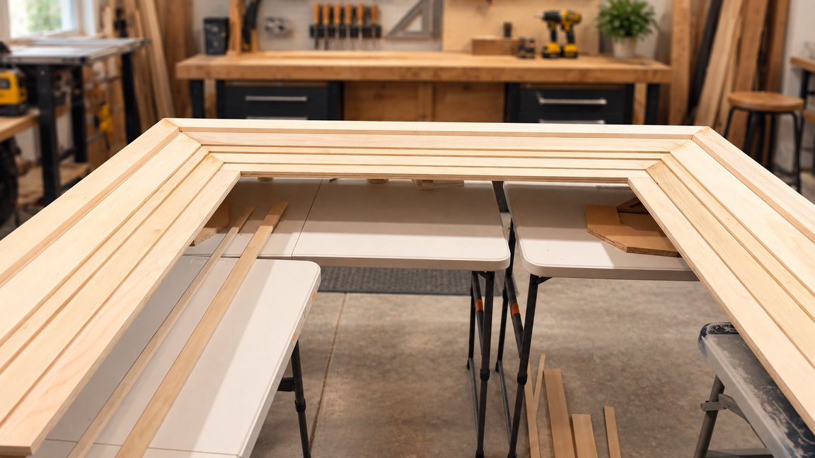 The surround on work stands in the shop during fabrication, its layered trim profiles being built up at the mitered corners