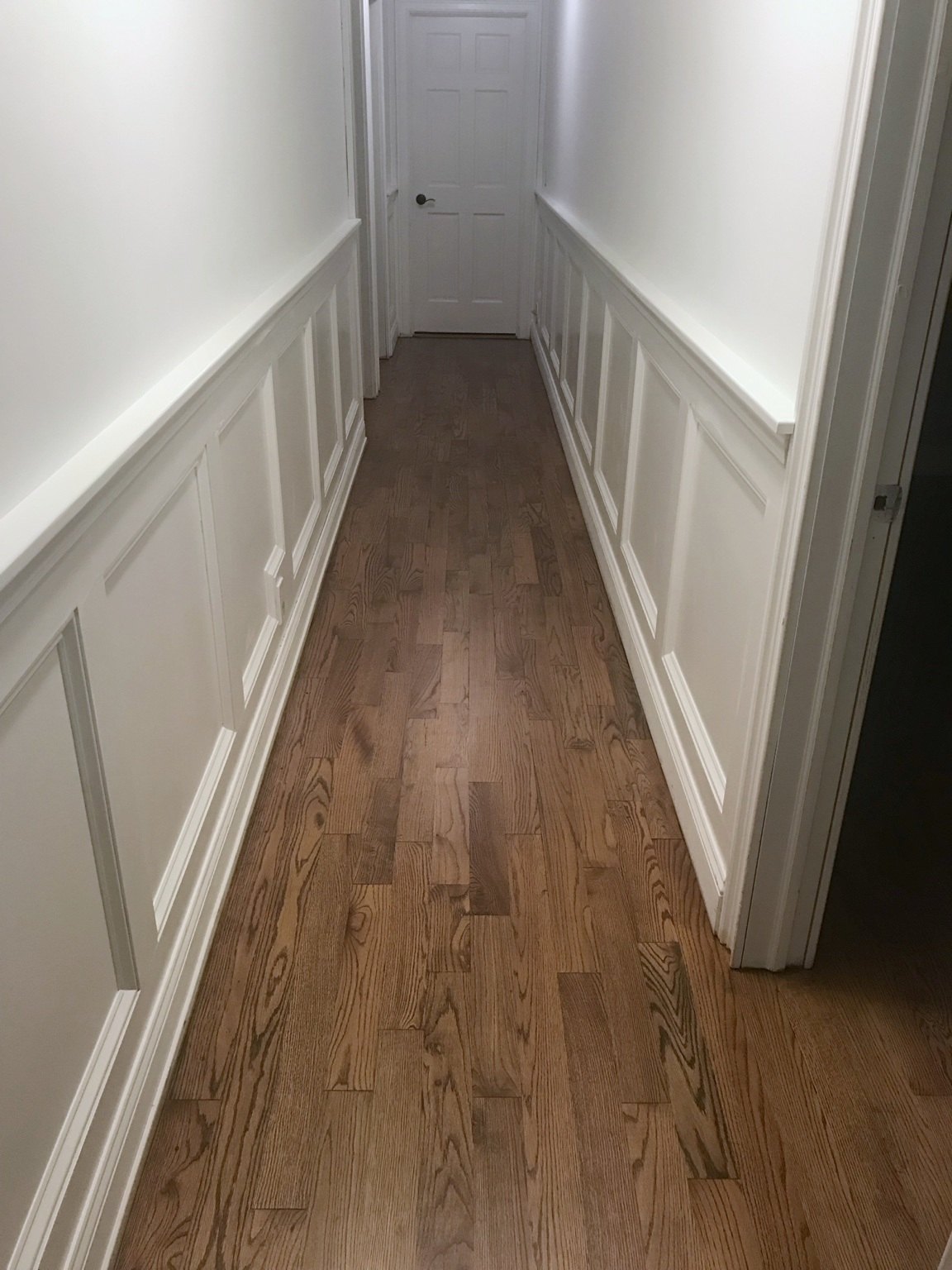 Hallway lined with raised paneling and trim, primed, above refinished oak floors